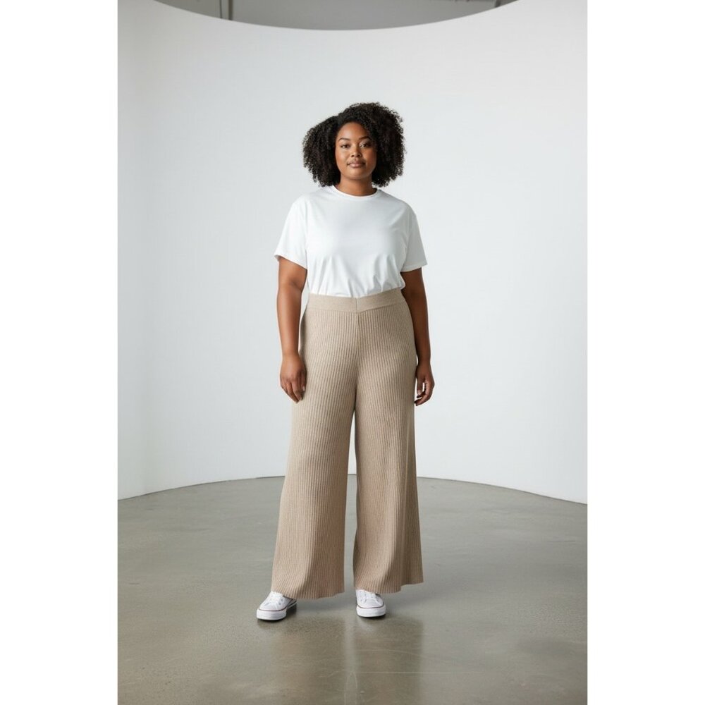 THE DROP Women's Catalina Ribbed Wide-Leg Knit Heather Sand Pants XXL